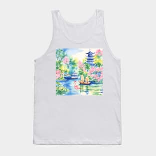 Flamingo in chinoiserie landscape watercolor painting Tank Top